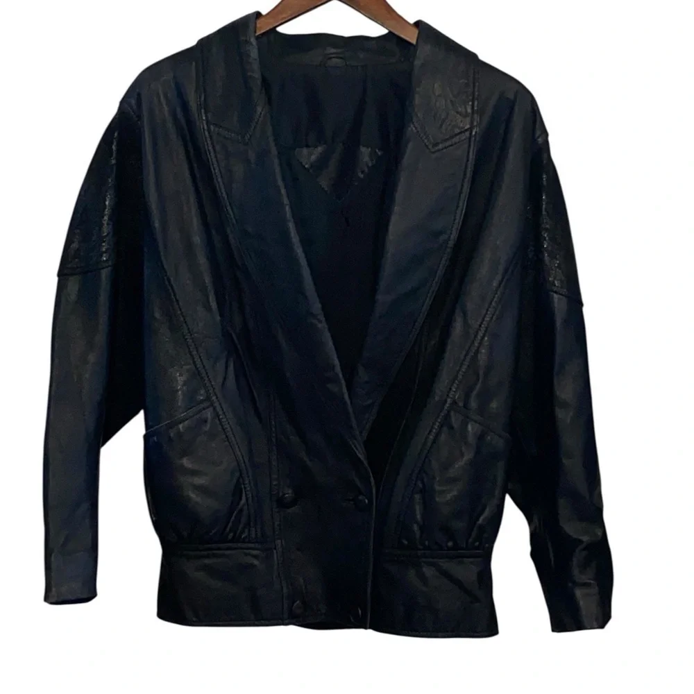 Vintage 80s 90s  Black Leather Jacket shoulder pads Animal Print Detail